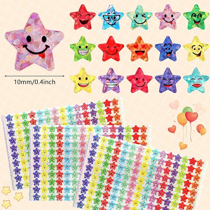 Janyun 6750 Star Stickers, 15 Designs Reward Smile Face Stickers for Kids, Glitter Foil Star Labels for School Students Teacher Supplies