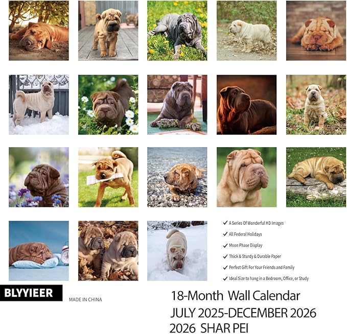 2025-2026 Wall Calendar,Shar Pei Wall Calendar, 12" x 24" Open,Family Planner Calendar Organizer with Shar Pei Images, for Dogs Lovers