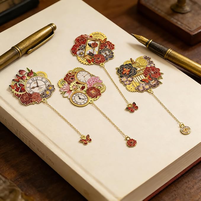 4 PCS Vintage Metal Bookmarks, Steampunk Book Mark with Clock&Flower Pendant for Book Lovers, Students, Teachers, Writers - Unique Reading Gift for Birthday, Graduation, Christmas