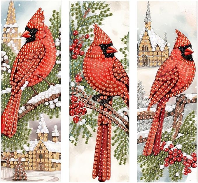 3Pcs DIY Diamond Art Painting Bookmarks with Colorful Butterfly Pendant PET Bookmark Ornament Double Sided Pattern Single Sided Diamond Book Marker Clip Gifts Tags-Cardinal