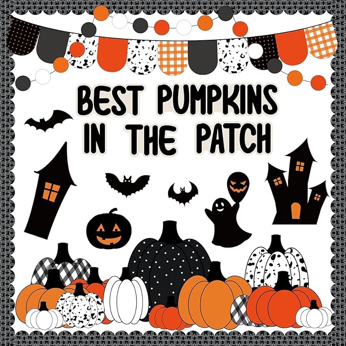VABAMNA Halloween Fall Bulletin Board Decorations for Classroom, 95 Pcs Black Orange Autumn Pumpkin Patch Bat Paper Cutouts Borders Trim for Home School, Halloween Thanksgiving Harvest Party Supplies