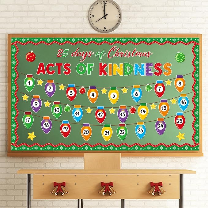 Christmas Bulletin Board Set Christmas Kindness Classroom Decoration Xmas Countdown Bulletin Board Winter Xmas Star Colorful Light Bulb Cutouts for Holiday Classroom Home School Chalkboard Wall Decor
