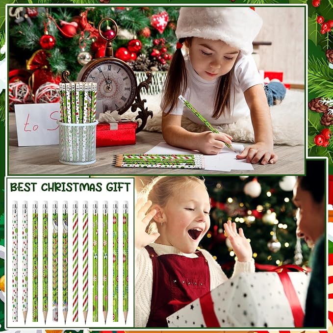 Sabary 60 Pcs Christmas Pencils Bulk Wood Xmas Pencil with Eraser Merry Christmas Stationery for Kids Children Xmas Party Favors Holiday Goodie Bag Stuffers