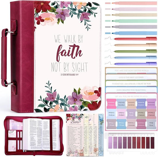 XKDOUS 24 Pcs Bible Cover Case for Woman, Bible Bag with Study Supplies, Large Carrying Case with Handle, Bible Tabs, Bookmarks Christian Gifts for Mom Women Lady