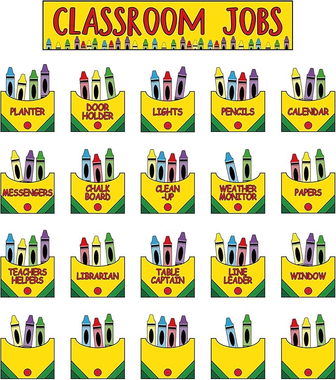 FYSUIMU Crayon Class Jobs Bulletin Board Set Colorful Classroom Jobs Pocket Chart with Name Cards Teacher's Helper Chalkboard Decor for Back to School Teacher Students Supplies, 71Pcs