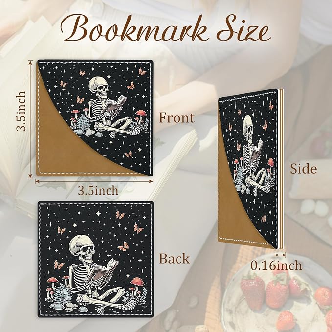 Icycay Skeleton Book Corner Bookmarks, Funny Leather Book Accessories for Book Lovers, 3 Pcs Reading Book Page Markers for Women Men Student Teacher Retirement Birthday Gifts