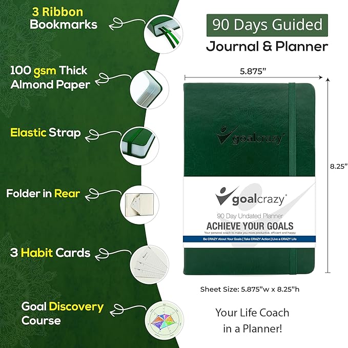 Undated Daily Planner to Achieve Your Goals - 90 Day Guided Journal & Productivity Organizer with Goal Setting, Habit Tracker, To Do List, Academic & Work Calendar, Leather Hardcover - Forest Green