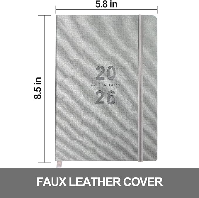 Daily Planner 2026, Calendar 2026 Agenda Planner Daily Journal Notebook 8.5"x5.8", January 2026 to December 2026, Faux Leather Cover (Grey, 8.5"×5.75")
