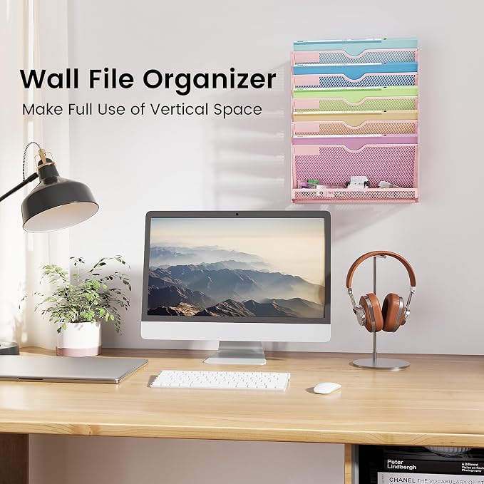Pink Desk Organizer, Hanging Wall File Organizer with 6 Tiers, Metal Mesh Magazine & Mail Holder for Office Desk, Wall Mount Document Organizer for Home Decor
