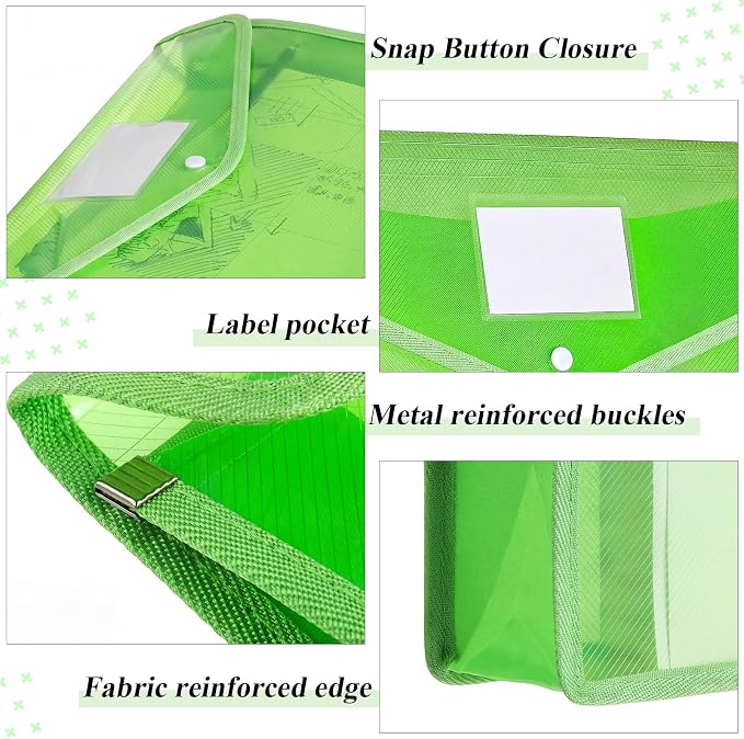 Epakh 10 Pieces Plastic File Folders Envelope Expanding File Wallet Organizer Documents Folder with Snap Closure and Pocket B4 Waterproof Transparent Pouch for School Office(Green,Horizontal)