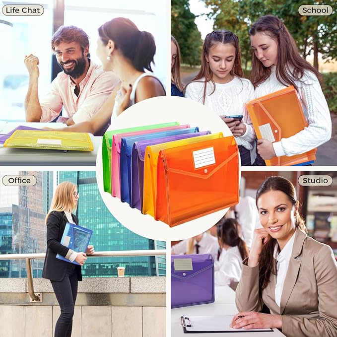 Plastic Expanding File Folder,Envelope Folders for Documents, File Folder Organizer Holder with Snap Closure,Waterproof Transparent File Folder,Large Capacity, Fit Letter/A4 Size (Multicolor-12 Pack)