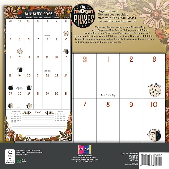 Moon Phases 2026 Wall Planner with Large Monthly Grid, 12-Month Family Organizer Calendar Book: 2026, Lunar Calendar with Daily Moon Cycles, 12" x 12"