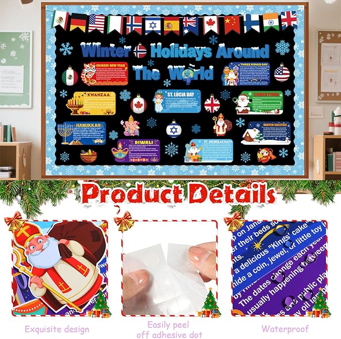Funrous 71 Pcs Winter Bulletin Board Set Holidays Around the World Board with Christmas Chinese New Year Kwanzaa Diwali Hanukkah Winter Solstice Cutouts for Xmas Party School Classroom Home Wall Decor