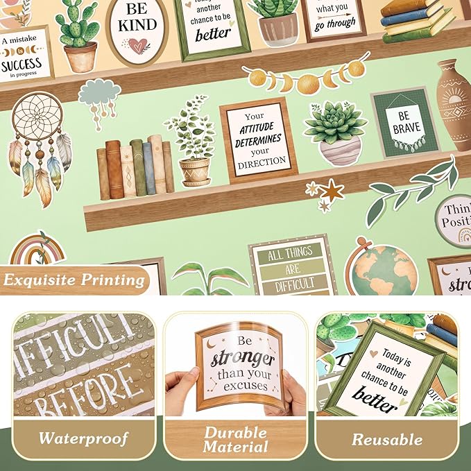 Mooliwe 57 Pcs Boho Bulletin Board Set Inspirational Greenery Classroom Decoration Potted Plant Rainbow Cutout for School Office Chalkboard Door Wall Decor