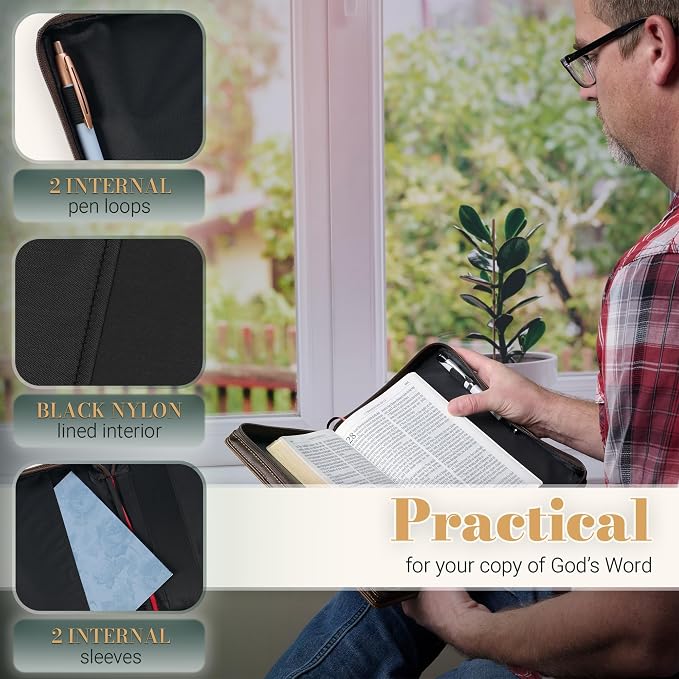 Christian Art Gifts Classic Premium Vegan Leather Inspirational Bible Cover for Men & Women: Faith Moves Mountains Encouraging Bible Verse, Easy Carry Zippered Case, Pen Loops, Pockets, Brown, Large