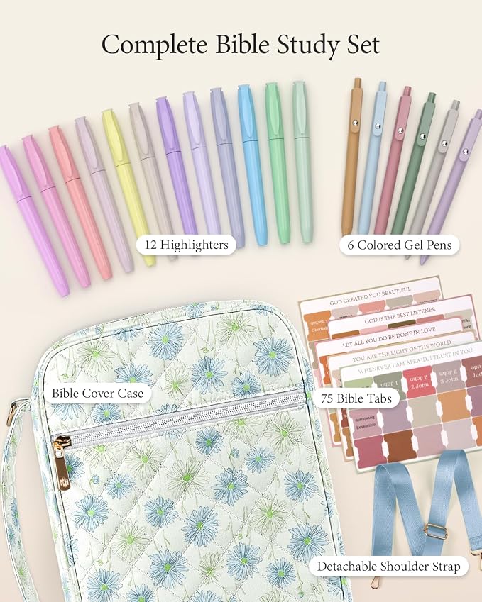 BellaHold Bible Cover Case for Women, Large Bible Bag with Detachable Strap & Bible Study Supplies, 12 Highlighters, 6 Colored Gel Pens & 75 Bible Tabs, Christian Gifts for Women (Light Blue Daisy)