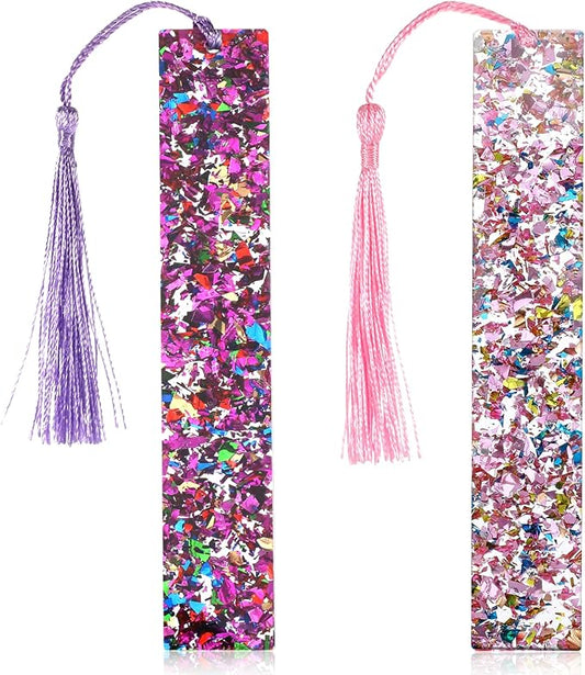 2 Pcs Tassel Bookmarks Girls Resin Glitter Bookmarks for Women Pink Purple Glitter Acrylic Bookmark with Colorful Silk Tassels for Women Girls Book Lovers Reading Presents