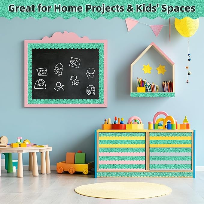 3 Rolls 98.4 Ft Glitter Bulletin Board Borders Set - Christmas Green Bulletin Board Decorations for Classroom, Office，School Supplies & Home DIY - Perfect for Teachers, Posters & Birthday Party Decor
