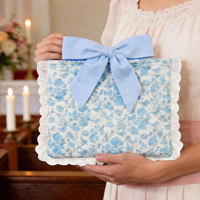 Vintage Blue Floral Quilted Bible Cover for Women – Fits Standard Size Bible Book Padded Protector Washable Cotton Bag with Elegant Lace Trim & Bow Handle – Includes Interior Zipper Pocket