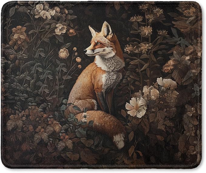 Vintage Moody Floral Fox Mouse Pad, Fox Lover Gifts, Dark Cottagecore Botanical Forest Animal Mouse Pad for Home Office Dorm Computer Laptop Desk Accessories, 9.5x7.9 Inch
