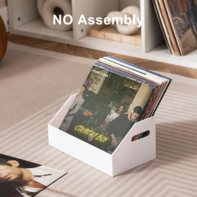 eletecpro No Assembly Acrylic Vinyl Record Storage with Handle, Holds up to 40 LPs, Multifunctional Record Holder Crate for Storing Album Covers, Modern Desk Organizer for Home, White Vinyl Display