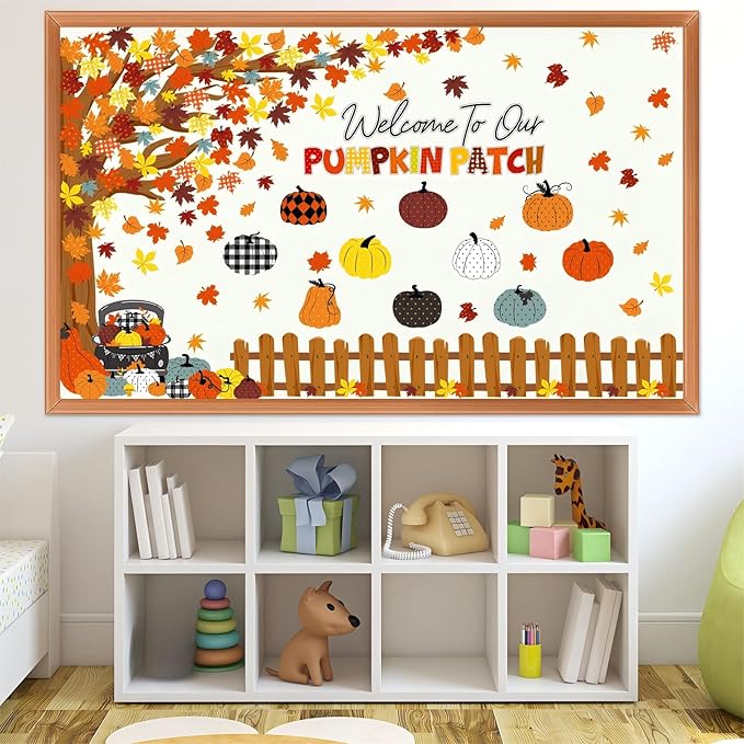 Pasimy Fall Bulletin Board Decorations Set Pumpkin Classroom Door Decor Autumn Maple Cutouts DIY Pumpkin Photo Crafts Thanksgiving Bulletin Board for Halloween Home Office Wall Supplies(Vintage)