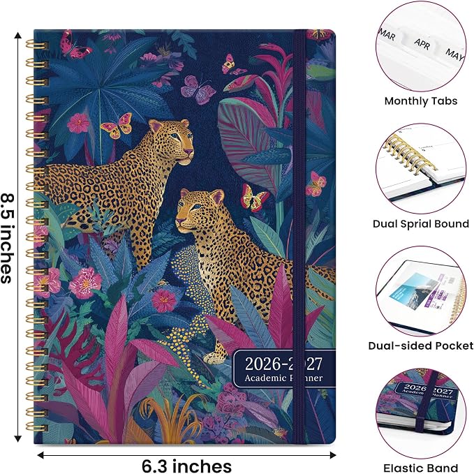 Planner 2026–2027, Academic Planner Weekly and Monthly Calendar Jul 2026 – Jun 2027 Hardcover Planner with Tabs and Pocket, Spiral Bound Agenda Book for Student & Teacher, 6.3" x 8.5", Wild Jungle