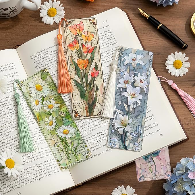 4 Pcs Stained Glass Art Bookmarks for Reading Women, Flower Transparent PVC Bookmark with Tassels, Cute Book Accessories, Unique Book Marks for Bookish, Birthday Christmas Gift