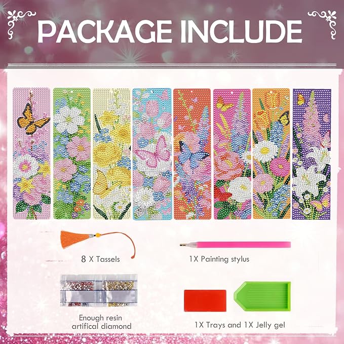 Diamond Art Painting Bookmarks - 8 PCS DIY Flower Butterfly Diamond Painting Kits for Adults Spring Art Craft Supplies Birthday Festival Gift for Beginners Book Lovers