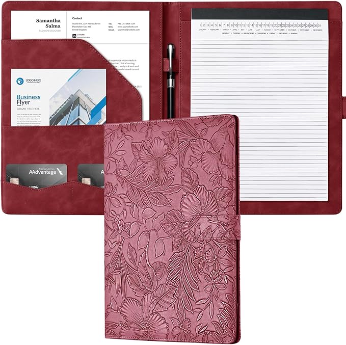 Mymazn Padfolio Portfolio Binder, Faux Leather Interview Resume Folder with Document Organizer & Business Card Holder, Letter-Sized Notepad Legal Pad Holder for Women Men (Red)
