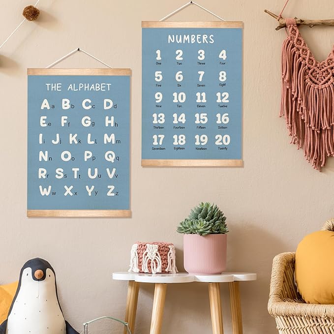 Alphabet and Numbers Educational Chart Set of 2 for Classroom Decor,Colorful Educational Poster for Toddlers 1-3,Toddler Learning Poster for Ages 3-5 for Nursery Playroom,Classroom Must Haves 18.5x14 Inch (Blue)