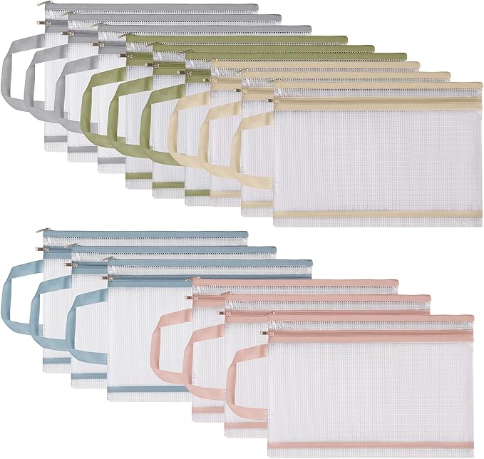 15 Pcs Mesh Zipper Pouch Bags, A4 Colored Zipper Pouch Double-Layer Nylon Puzzle Organizers and Storage Building Block Toy Board Game Storage Clear Pouch Bags for School Office & Home(5 Colors)