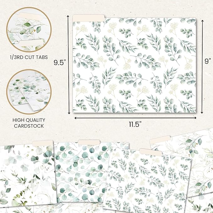 Bloom Daily Planners Decorative File Folders - Set of Twelve Letter Size (8.5” x 11”) Organizers, 1/3 Cut Tabs - Assorted Designs - Eucalyptus, 12-Pack