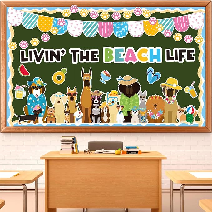 Justforjoyful Summer Dog Bulletin Board Decorations Hawaiian Dog Theme Classroom Back to School Bulletin Board Border Set Cute Puppy Pet Dog Paw Paper Cutouts for School Chalkboard Supplies Wall Decor