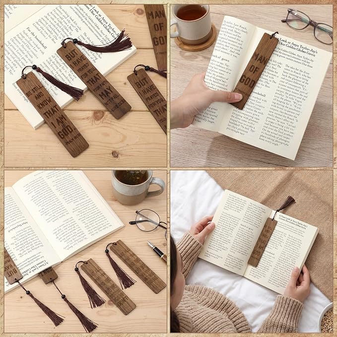 20 Pcs Father's Day Church Gifts 5.5" Walnut Christian Bookmarks for Men Man of God Wooden Bookmarks with Rope and Beads Handmade Carving Bible Book Marks for Father's Day Religious Favors