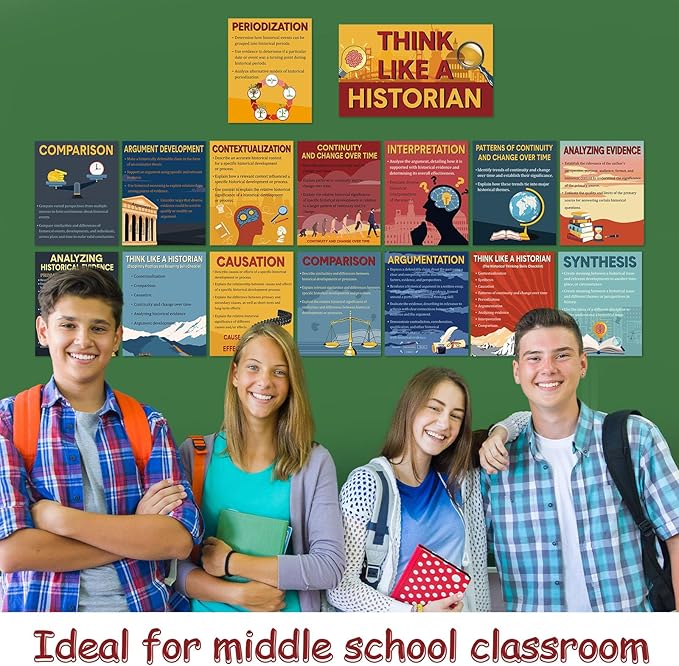 Pajean 16 Pcs Think Like a Historian Posters Social Studies Classroom Decorations Thinking Posters Bulletin Board Set for Middle High School Office Home Classroom Supplies
