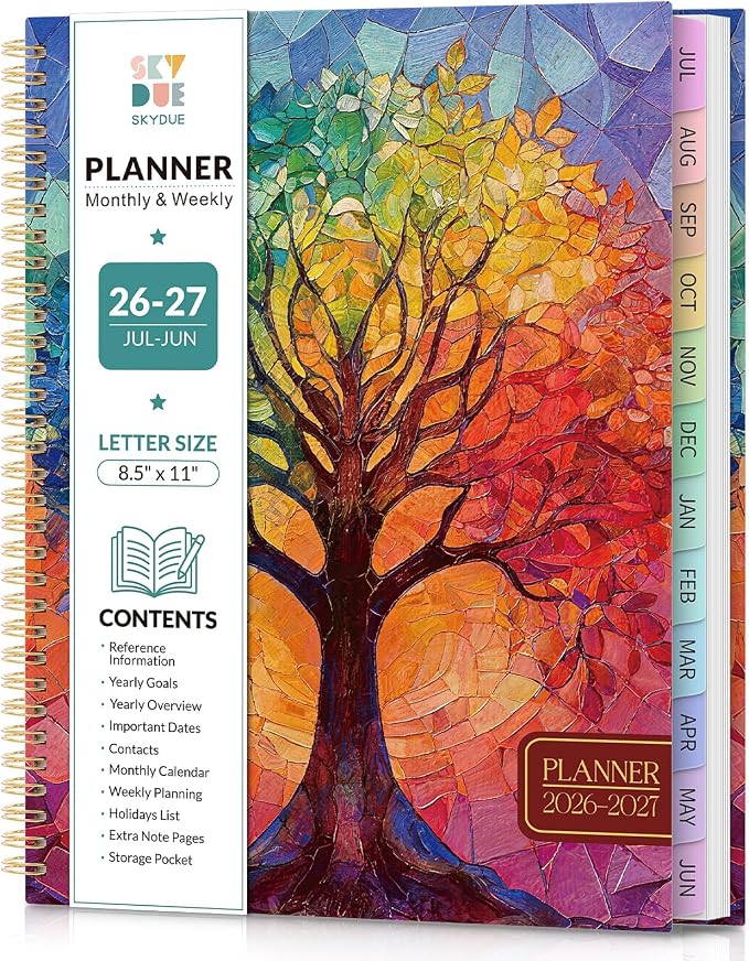SKYDUE 2026-2027 Monthly and Weekly Academic Planner, July 2026-June 2027, 8.5"x11", Agenda Calendar with Colorful Tabs and Storage Pocket, Ideal for School Office Supplies