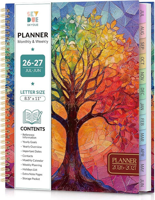 SKYDUE 2026-2027 Monthly and Weekly Academic Planner, July 2026-June 2027, 8.5"x11", Agenda Calendar with Colorful Tabs and Storage Pocket, Ideal for School Office Supplies