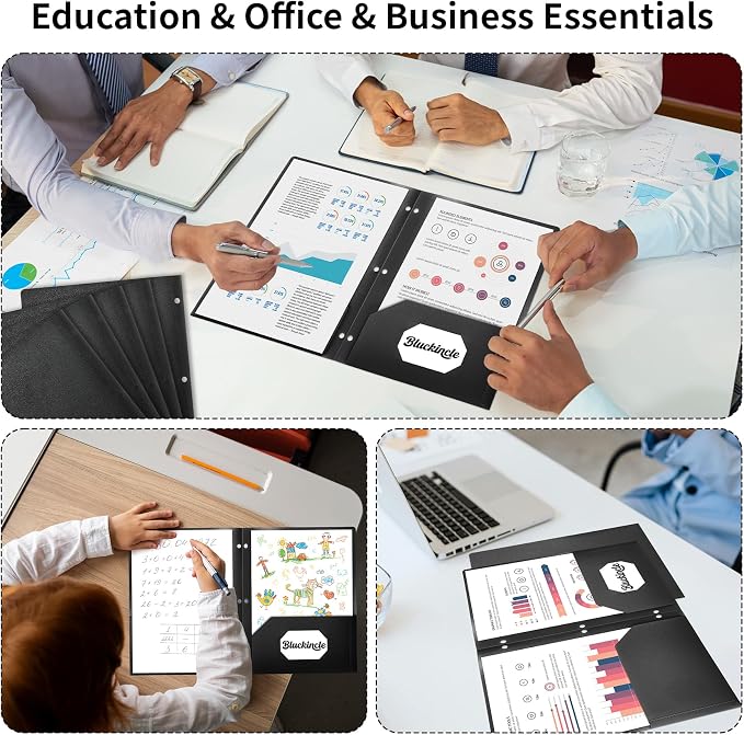 Plastic Folders with Pockets 3 Hole Punched, Pocket Folders for 3 Ring Binder, 6 Pack Black File Folder for School, Office, Documents, 2 Pocket Blinder Folder with Holes and Business Card Holder