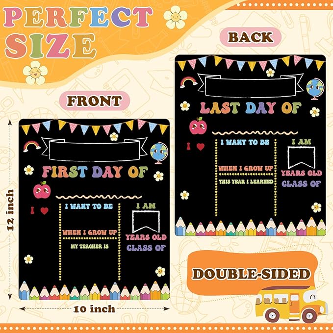 AmazingSpark First and Last Day of School Sign Board Double Sided 1st Back to School Supplies 10"x12" for Kids Preschool Kindergarten Chalk Board, Cute Crayon Retro Groovy Photo Reusable(Vintage)