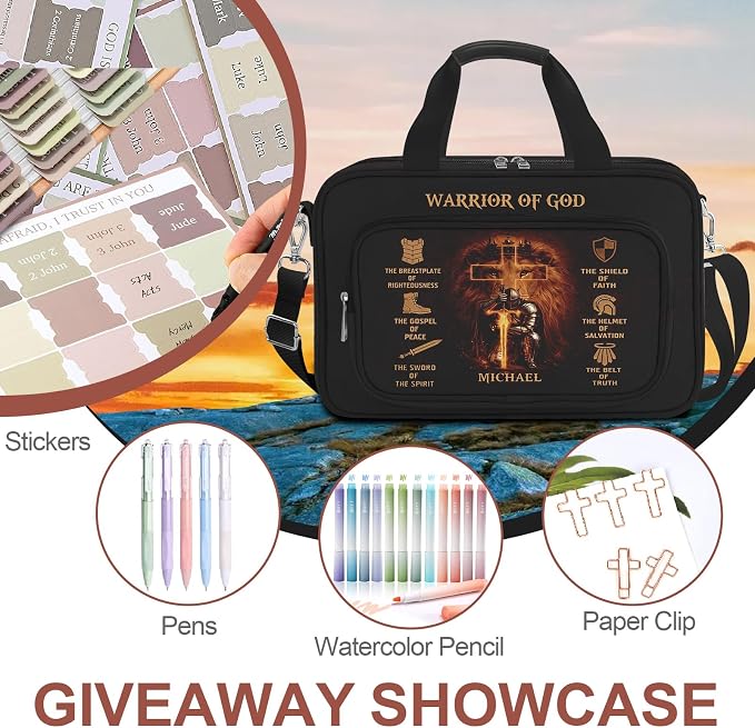 God Bible Cover Case for Boys Men Kids,God Says I Am Bible Canvas Carrying Case Bag with Detachable Shoulder Strap, Pens and Highlighters Cross Clips for Bible Study & Church