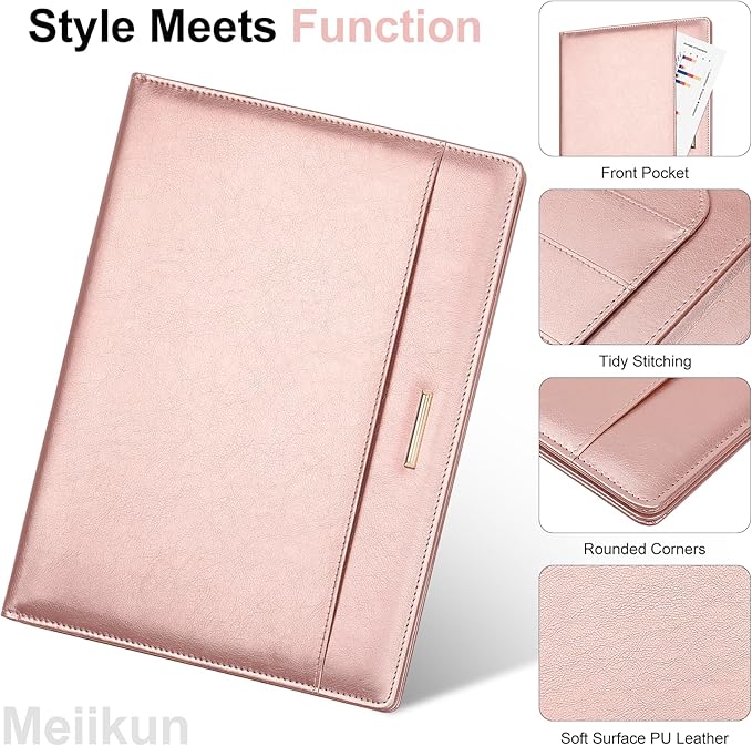Padfolio with Clipboard, PU Leather Business Portfolio Binder, Interview Resume Folder with Card Holder, A4 Letter Document Organizer Included Writing Note Pad for School Office Conference (Rose Gold)