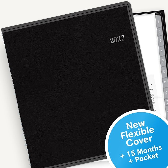 Blue Sky 2027 15-Month Monthly Planner Calendar, October 2026 - December 2027, 8” x 10”, Durable Faux Leather Cover, Laminated Tabs, Concealed Wirebound, Storage Pocket, Enterprise