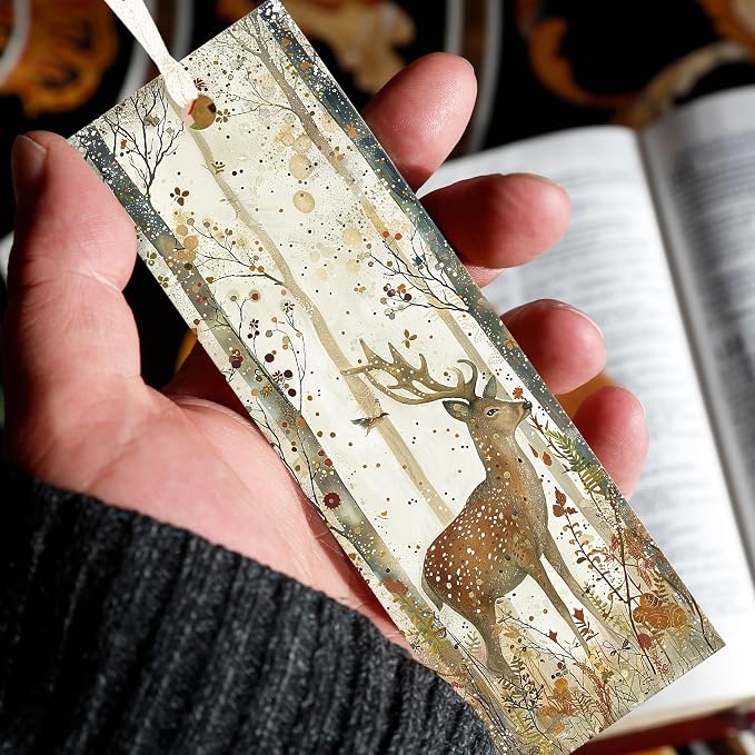 Forest Animals Bookmarks, 100 Pcs Double-Sided Bulk Paper Book Marks with 4mm Hole & Strings, Nature Illustration Reading Accessories for Women and Book Lovers