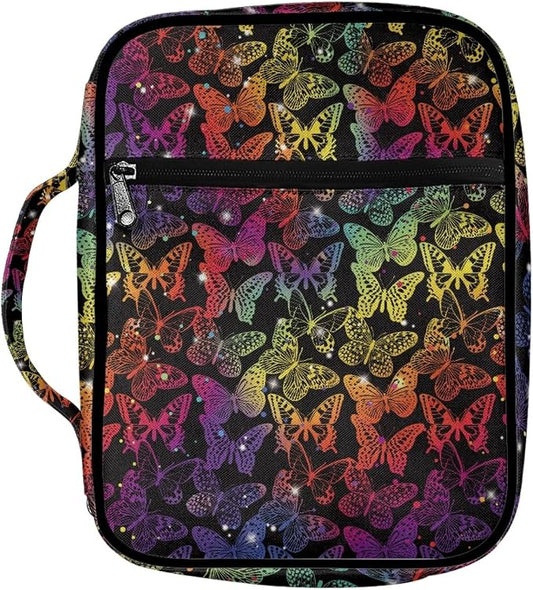 Coldinair Rainbow Glitter Butterflies Print Bible Cover Bag for Women Teens Kids Girls,Butterfly Carrying Book Case Church Bag Bible Protective with Handle and Zippered Pocket