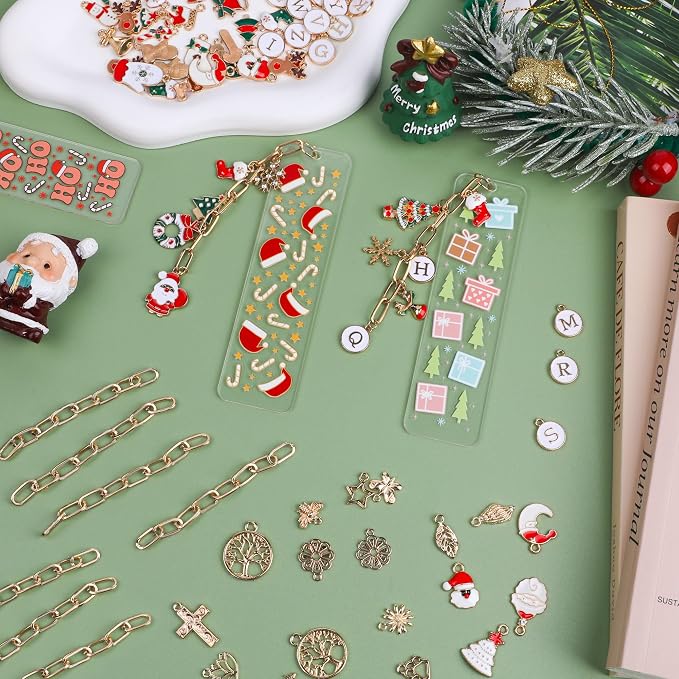 245PCS Acrylic Bookmark Blanks(2mm) Thicken 12 DIY Bookmark Making 15 Christmas UV DTF Sticker 76 Christmas Charms 12 Extender Chains and 130 Jump Ring Suitable for DIY Crafts Gifts