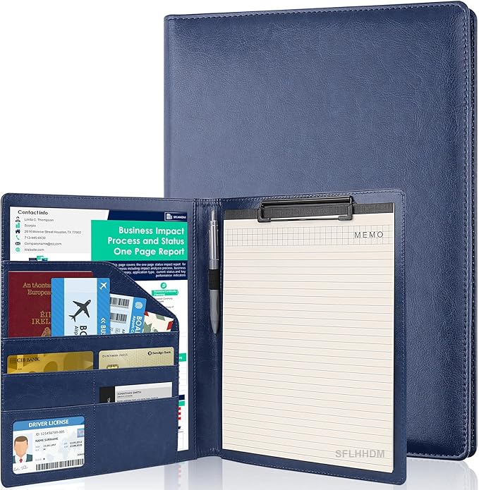 Clipboard Padfolio with Storage Pocket,Clipboard Folder Portfolio Organizer,360 Degree Foldable Clipboards with Refillable Notepad,Faux Leather Padfolio Organizer for Office School Supplies-Blue