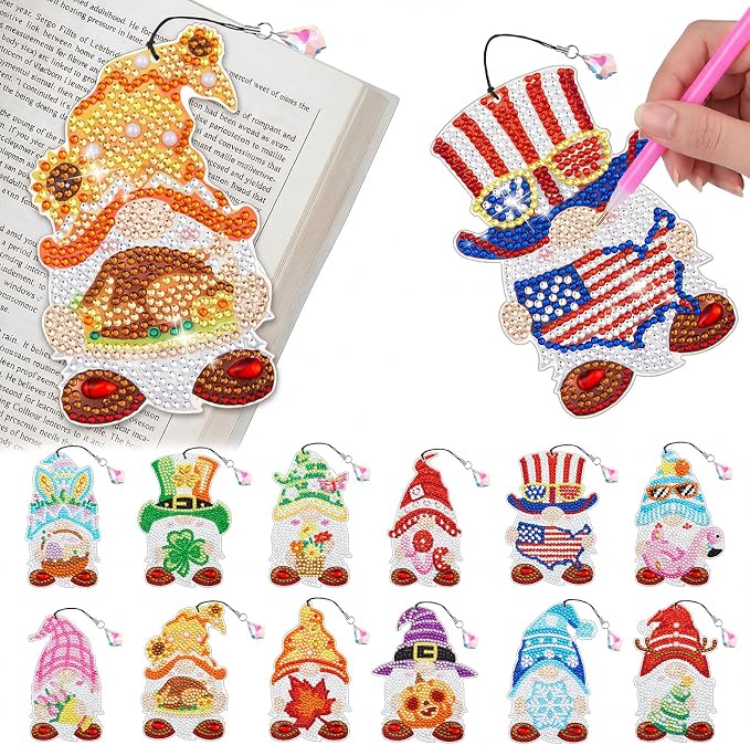 Tenceur 12 Pcs Gnome Diamond Art Kit for DIY Holiday Seasonal Gnome Crystal 5d Diamond Painting Bookmarks Rhinestone Kits for Reading Lover Home Fall Halloween DIY Crafts Gifts Decorations