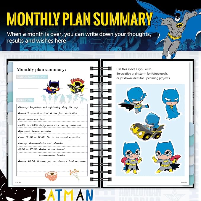 2026 Batman Planner Hardcover, Superhero Weekly and Monthly Planner with Notes Pages and 12 Dividers Tabs, Spiral Calendar Notebook Academic Journal for Work School Adults Teens (Plan A)