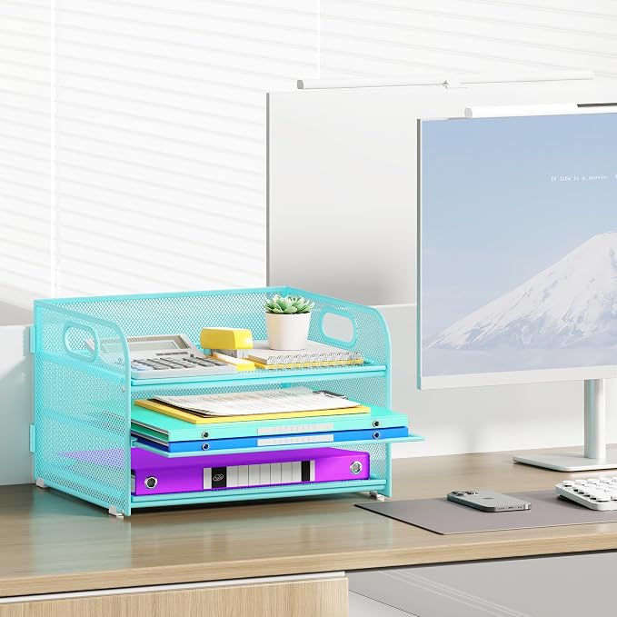 Cawukege 3 Tier Paper Organizer with Handle, Metal Desk Organizer Mesh Paper Letter Tray Desktop File Folder Document Sorter for Classroom, School, Office Accessories Storage (1, Blue)